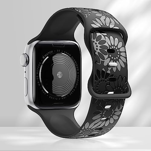 Image of Sunflower Engraved Band Compatible with Apple Watch Bands 38mm 40mm 41mm 42mm 44mm 45mm 49mm Women, Designer Soft Glossy Floral Silicone Strap for iWatch Series Ultra 11 10 9 8 7 6 SE 5 4 3 2 1