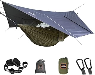 AnorTrek Camping-Hängematte mit Moskitonetz und Regenfliegenplane, tragbare Doppelhängematte mit Zwei Baumgurten, 210T Nylon-Hängematte und wasserdichtem Regenfliegen-Set für Wandern, (grün)