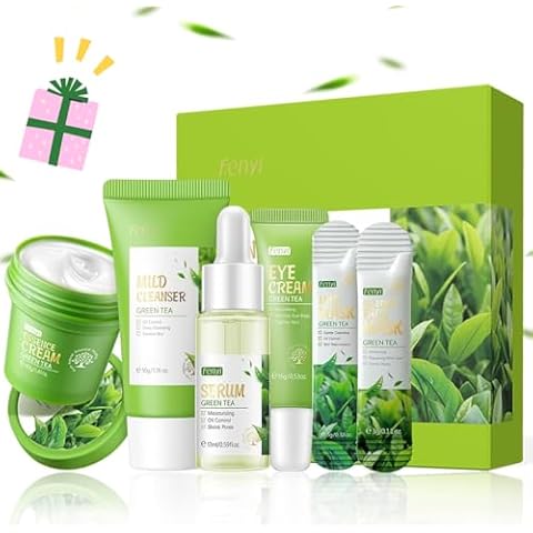 Green Tea Skincare Set, Organic Skin Care Kits Gift Set for Women/Girls, Facial Skincare Routine Kit with Cleanser, Toner, Serum, Cream, Lotion, Eye Cream, Hydrated Skincare Starter Beauty Gift Set Cover