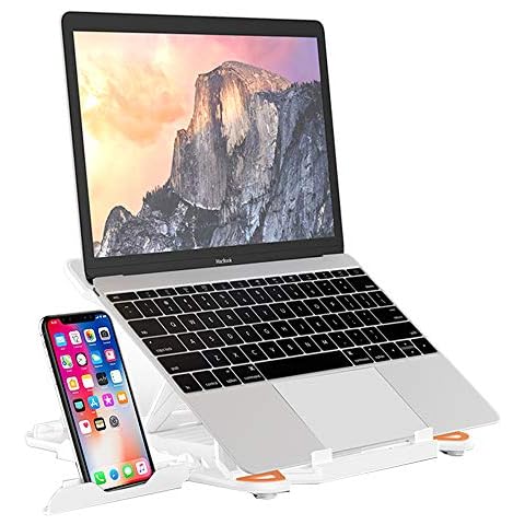 Viwind Adjustable Laptop Stand for Desk with Phone Stand and Heat-Vent,Portable Computer Riser,Ergonomic Tablet Elevator,Notebook Holder Mount,Rotatable&8 Multi Angle for 10-15.6'' Device -White Cover