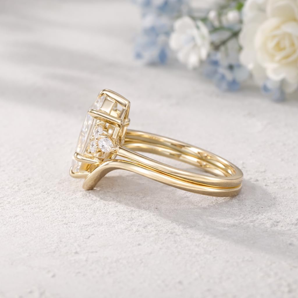 Marquise Cut Moissanite Engagement Ring Set 2PCS Solid Yellow Gold Curved Chevron Wedding Band with Side Stones Bridal Jewelry Gift for Women