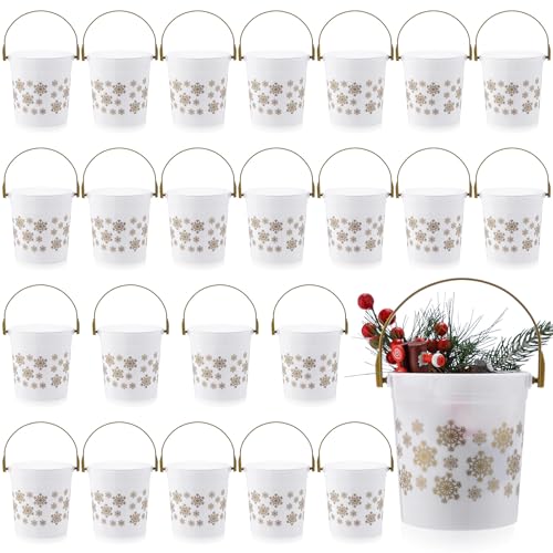 meekoo 24 Pcs Gold Snowflake Buckets with Handles Bulk 4.69 x 3.78 x 4.8 Inch Small Winter Holiday Buckets for Gifts Cute Candy Pails Holiday Storage Baskets for Winter Party