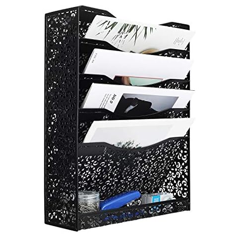 EasyPAG Wall Hanging File Organizer 5 Tier Wall Mount / Desk File Holder Office Document Magazine Mail Paper Rack, Black Cover