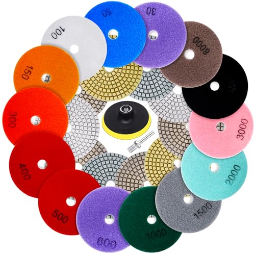 4 Inch Diamond Polishing Pads Set, 16PCS Wet/Dry Granite, Marble, Concrete Polishing Kit, 30-8000 Grit for Drill, Grinder, Polisher - Ideal for Stone, Countertops, and Floor Polishing with Backer Pad