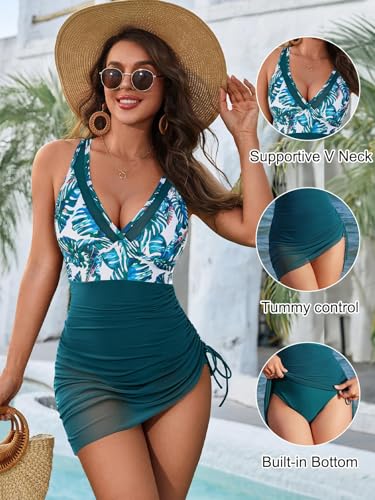 Image of Blooming Jelly Women One Piece Swim Dress Tummy Control Swimsuits Slimming Mesh Sheer Sarong Wraps Bathing Suit