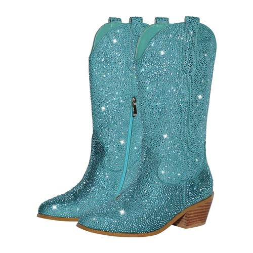 richealnini Cowboy Boots for Women Embroidered Pull-On Mid Calf Booties