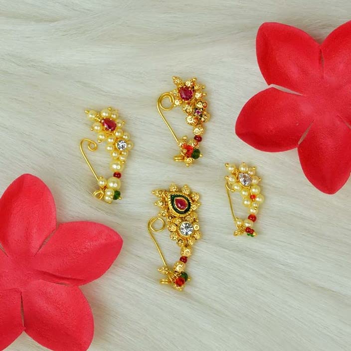 Image of Medium Size Traditional Maharashtrian Banu Nath Nose Stud without piercing Pearl Gold Plated Nath Combo Clip On Nose Ring For Women