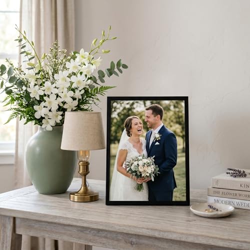 Image of Americanflat 9x12 Picture Frame with Shatter-Resistant Glass - Streamline Collection - Thin Border Photo Frame for Tabletop and Wall Display - Hanging Hardware and Easel Stand Included - Black
