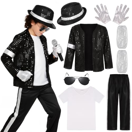 Kids 80s 90s dance star pop stage Halloween costume 10 to 12 years with sequin jacket V-neck shirt sequin hat trousers gloves sunglasses and foot covers