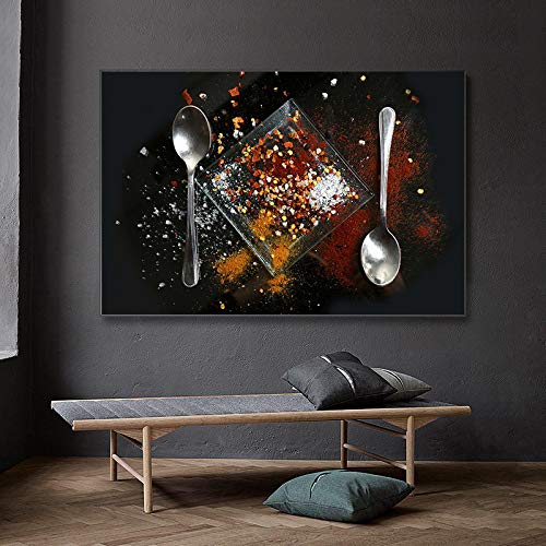 Toile peinture cuisine fond noir et cuillère à épices décoration murale 60x90cm