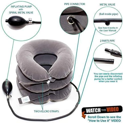 Cervical Neck Traction Device by DaviSmart, Inflatable Collar Brace, Adjustable Neck Stretcher, Neck Support, Ideal for Spine Alignment and Chronic Neck Pain Relief + Eye Mask (Gray)