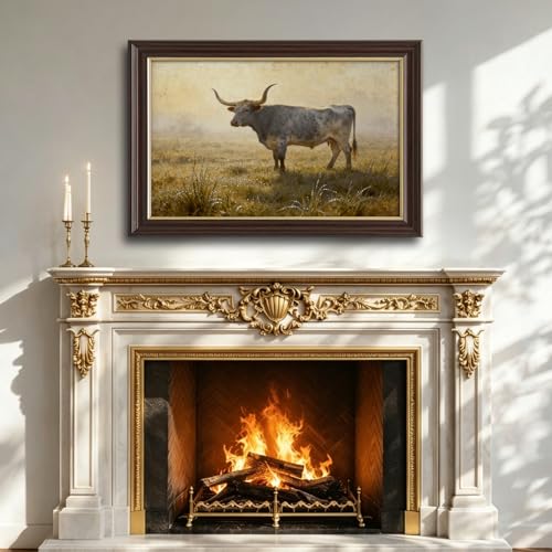Image of Antique Framed Longhorn Cattle Canvas Wall Art, Western Farm Animal Oil Painting Canvas Prints, Vintage Ranch Wall Decor Pictures for Living Room Bedroom Office Bathroom
