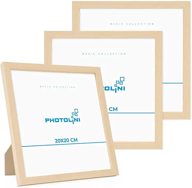 Imagen relacionada con PHOTOLINI Marcos 20x20 cm madera MDF natural, set de 3 marcos para pósteres, cristal acrílico, para colgar y poner de pie, incluye accesorios - para fotos, láminas y pósteres