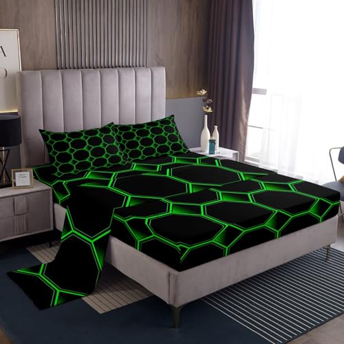 Honeycomb Bed Sheets Set Twin Size Geometric Hexagonal Beehive Sheet Set for Boys,3D Stereoscopic Green Hexagon Sheets,Simplistic Geometrical Black Room Decor