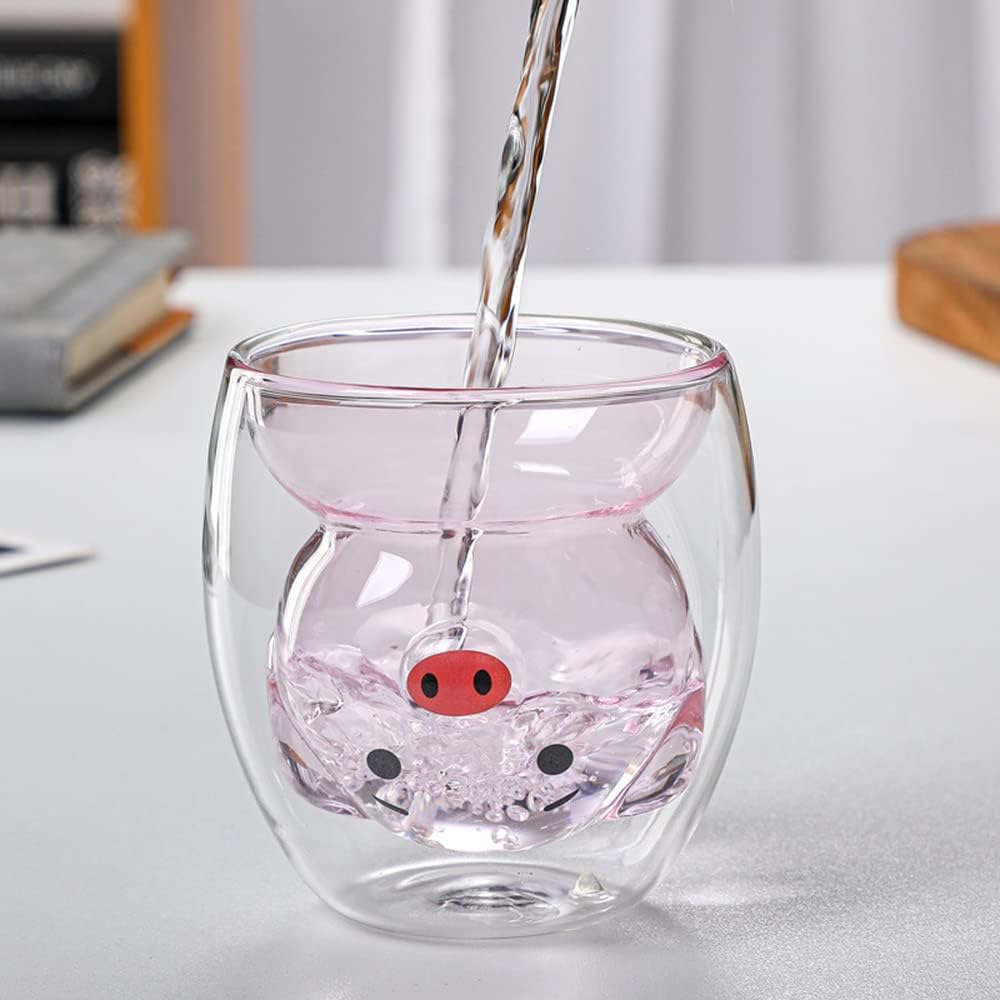 TREEWOO Creative Coffee Mug Cute Pink Pig Double Wall Milk Juice Tea Glass Cup Heat Resistant Drinkware Crystal Valentine's Day Gift