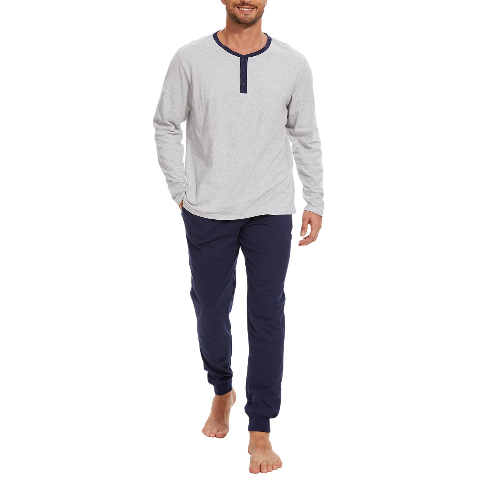 Navisting Men's Pajama Set with Henley Neckline 100% Cotton Soft and Comfortable Nightwear 2-Piece Lounge Set Long Grey Navy Blue Large