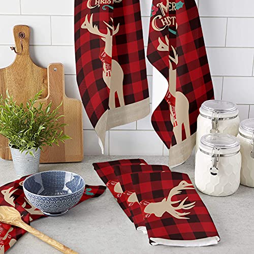 Funnywall88 Kitchen Dish Towel Merry Christmas Elk Reindeer Bathroom Towel, Red Black Buffalo Plaid Soft Absorbent Washing Dishtowels Xmas Holiday Decor Tea Towels Hand Towel (2 Pcs #TOP2