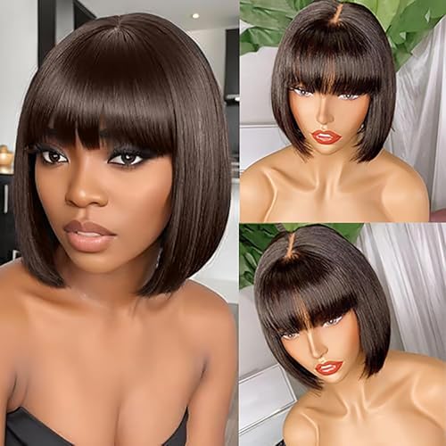 MYMYDA Short Bob Wig with Bangs for Black Women Dark