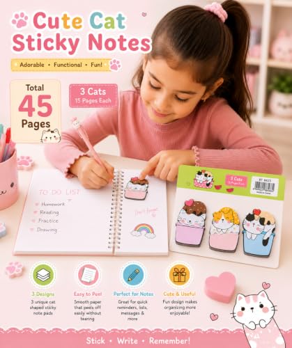 Image of Cute Kawaii Cat Sticky Notes for Planner, Notebook, Journals, Office & School Supplies for Kids-Pack of 4, Multicolor