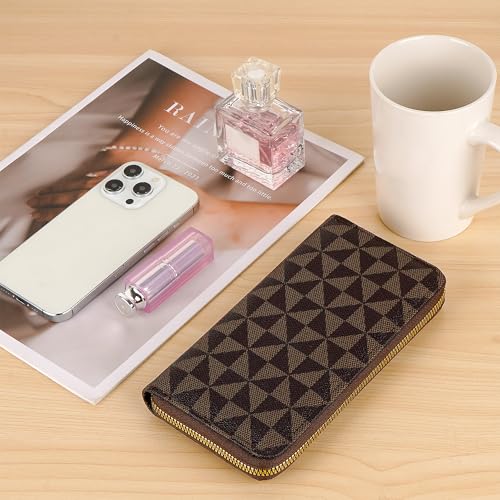 Triangle Print Wallet, Zippered PU Leather Credit Card and Cash Holder, Cellphone Purse, Brown and Coffee Plaid4