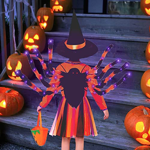 YODITI Halloween Spinnenrucksack für Erwachsene mit Lichtern, Bunte Spinne, Lustige Frau, Süßigkeitentasche, Horror Plüsch Spinnendekoration, Kostümzubehör, Spinnenrequisiten mit elastischen Riemen