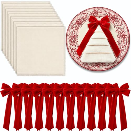FoldTier 12 Sets Christmas Cloth Napkins with Velvet Bows, Red