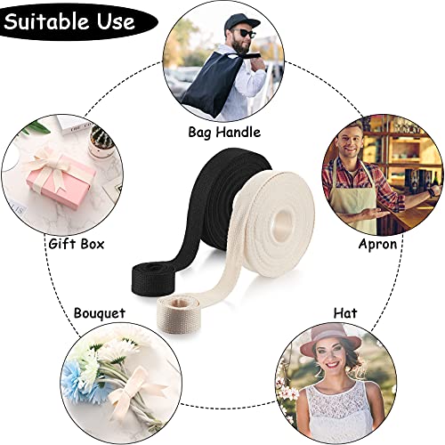 2 Rolls/ 20 Yards Cotton Webbing 1 Inch For Diy Crafts Decoration Heavy Sewing Webbing Home Wrapping Tote Bags Making Outdoor Supplies (Black, Natural Color) #TOP6