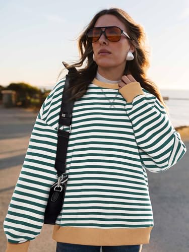 Image of PRETTYGARDEN Womens Striped Oversized Sweatshirt Color Block Crew Neck Long Sleeve Casual Loose Pullover Top Y2K Clothes