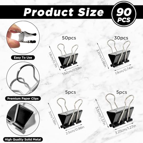 90PCS Binder Clips, Black Foldback Clips, 4 Sizes Bulldog Clips (15mm/19mm/25mm/32mm) - Image 2