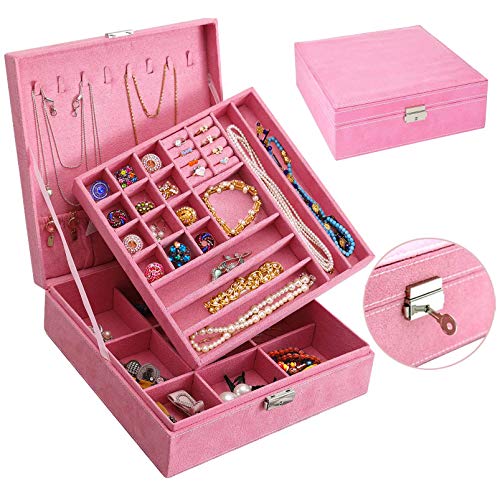 Jewelry Box for Women Girls, QBeel 2 Layer 36 Compartments Necklace Jewelry Organizer Box with Lock Jewelry Holder Display Storage Case for Earrings Bracelets Rings - Pink