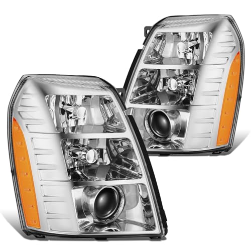 DNA MOTORING Pair Projector Headlights Compatible With 2007-2014 Cadillac Escalade ESV 2007-2013 Escalade EXT 2007-2013, Chrome/Amber, HL-OH-CE07-CH-AM