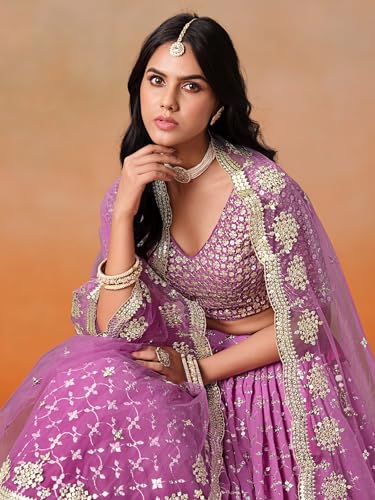 Image of Zeel Clothing Women Georgette Semi stitched Sequins Zari Embroidered Lehenga Choli With Dupatta (7086-Latest, Free size)