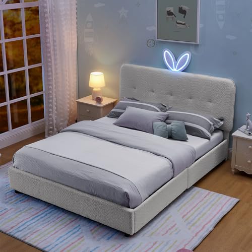 Image of Full Led Bed Frame with 4 Storage Drawer, Upholstered Platform Floor Bed with Rabbit Ear Headboard Daybed Strong Wooden Slats No Box Spring Needed for Kids Girls Boys, Beige