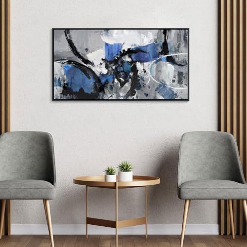 Image of AJAZIKO Blue Abstract Canvas Wall Art: Wall Art for Living Room, Bedroom & Gray Office Decorations for Work, Framed Artwork - Modern Decor with Blue & Black Paintings Pictures Wall Decor 20x40IN