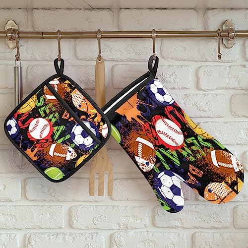 Soccer Football Baseball Basketball Oven Mitts And Pot Holders Set Oven Mits Mittens Heat Resistant Potholders Oven Gloves Hot Pad For Baking Cooking Kitchen Grilling Bbq Gifts 2 Piece Set #TOP3