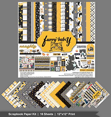 Inkdotpot Black & Yellow Cat Theme Collection Double,Sided Scrapbook Paper Kit Cardstock 12"x12" Card Making Paper Pack of with Sticker Sheet - 16 Pages - Black & Yellow - Image 3