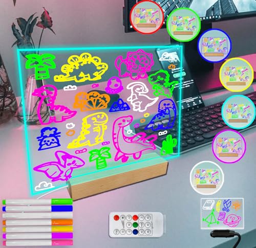 Fanrui Lavagnetta in acrilico con luci a LED, lavagna acrilica LED cancellabile, lavagna trasparente con luce notturna,con 7 penne neon,regalo creativo per fidanzata, mamma,papà, bambini,15 x 15 cm