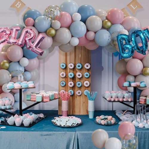 Image of 158pcs Gender Reveal Balloons Arch Kit, Dusty Pink Blue Gold Sand White for Gender Reveal Boho Bridal Bear Birthday Party Supplies Boy or Girl Baby Shower Decorations (Pack of 2)