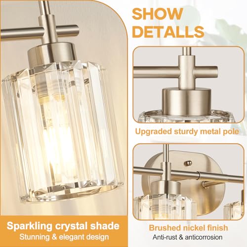 Image of Modern Crystal Vanity Light Fixtures, 4-Light Brushed Nickel Bathroom Vanity Lighting Over Mirror, Bathroom Light Fixture with K9 Clear Crystal Shades for Bedroom, Living Room, Hallway