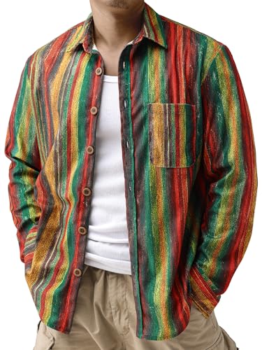 Mens Printed Corduroy Shirts Long Sleeve Button Down Lightweight Casual Shirt Vintage Transitional Shacket