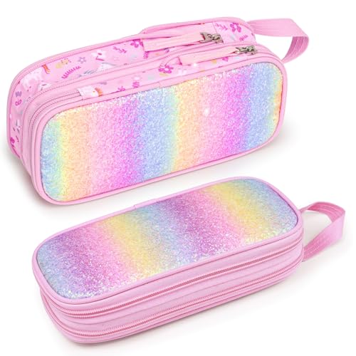 Image of Bagseri Pencil Case for Girls - Expandable Cute Kids Pencil Case | Wide Opening Pencil Pouch Organizer for School Supplies, Cute Kids Pencil Case for Girls, Glitter Pink Unicorn