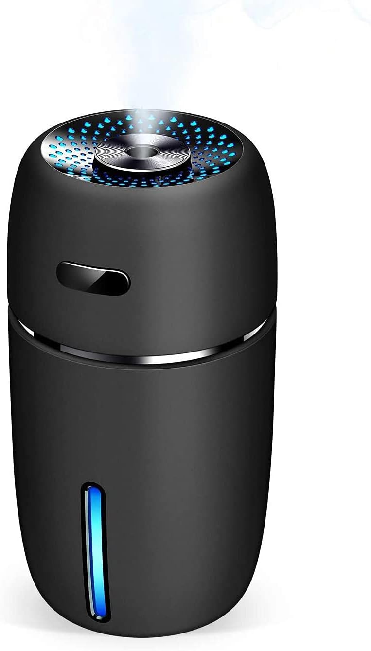 Mini USB Humidifier 200ml Ultrasonic Cool Mist with 7 Colors Light Changing, Adjustable Mist Mode, Auto Shut-Off Safe, Super Quiet for Bedroom Home Office, Car, Travel (Black)