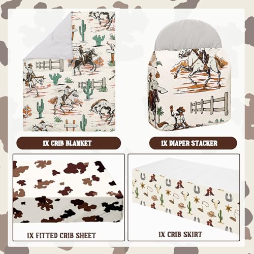 Image of Oudain 4 Piece Western Cowboy Crib Bedding Set, Including Western Cowboy Crib Skirt, Blanket, Nursery Bed Sheet and Diaper Stacker, Soft Neutral Nursery Standard Size Baby Bedding for Baby Girls Boys