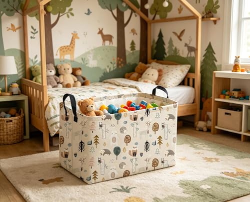 Image of Sanjiaofeng Rectangular Cute Animals Storage Baskets,Foldable Kids Toy Clothes Bins for Bedroom,Woodland Animal Basket,Books Box, Gift Basket(Tree Trunk Animals)
