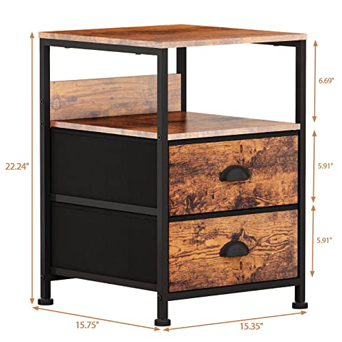 Furologee Set Of 2 Nightstand, End Table With 2 Fabric Drawers And Shelf, Industrial Side Sofa Table, Bedside Accent Furniture Metal Frame Easy Assembly For Living Room/Bedroom/Hallway, Rustic Brown #TOP2