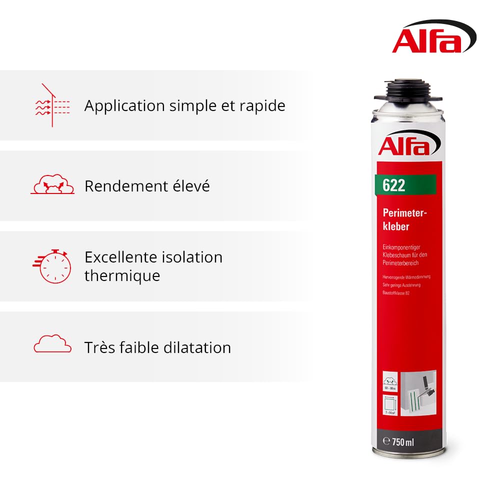Alfa Colle mousse adhésive pour panneaux isolants – 750 ml – 8 pièces | Mousse polyuréthane pour fixation de panneaux isolants et plaques périmétriques ETICS, haute performance isolation thermique