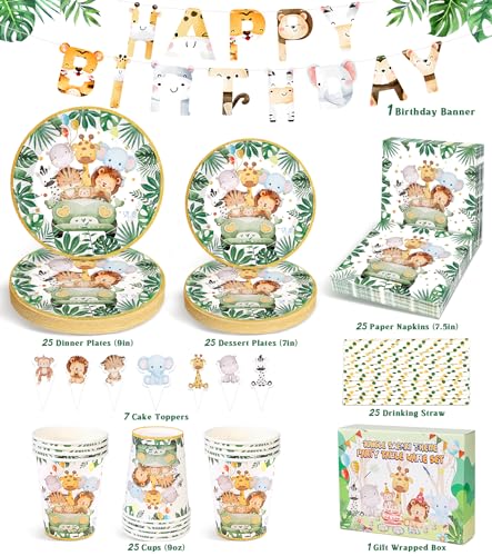 Ophy Dschungel Safari Partygeschirr - 134-teiliges Wild One Geburtstag Deko Set mit Tier-Geburtstagsbanner, Papptellern, Servietten, Bechern und mehr für 25 Gäste