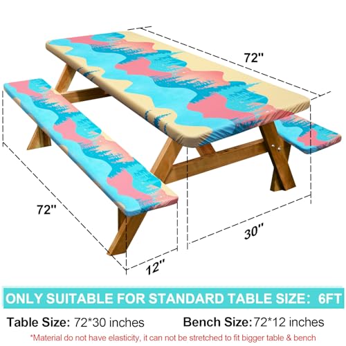 Image of Picnic Table Cover with Bench Covers 6FT 3 Pcs Waterproof Windproof Aesthetic Camping Tablecloth with Drawstring Bag, Fitted for 6 Foot Rectangle Tables and Seats, 72 inch, Blue Orange