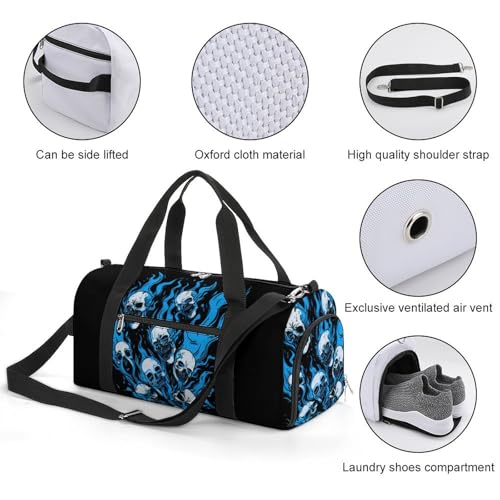Blue Flames Skulls Funny Gym Bag Travel Tote Bag Duffel Bag with Shoe Compartment for Weekender Sports Vacation2