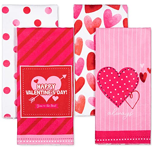 Whaline Valentine's Day Kitchen Towel Pink Heart Dot Stripe Dishcloth 28 X 18 Large Tea Towel Decorative Holiday Cloth Towel For Valentine's Day Wedding Kitchen Cooking Baking, 4 Pack #TOP6